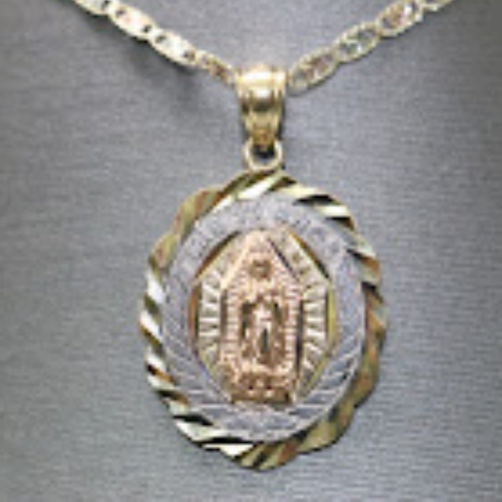 14kt Tri-tone Virgin Mary 15 Anos Engraved Pendant with 14kt Tri-tone Hollow Tra